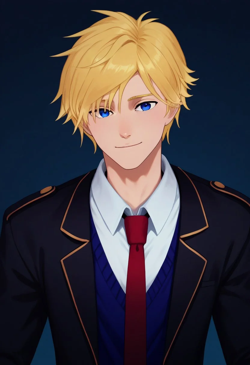 score_9, score_8_up, score_7_up, source_anime, highly detailed,
jaune, 1boy, male focus, solo, blonde hair, blue eyes, school uniform, shirt, white shirt, collared shirt, necktie, red necktie, blazer, upper body, smile, closed mouth
indoor