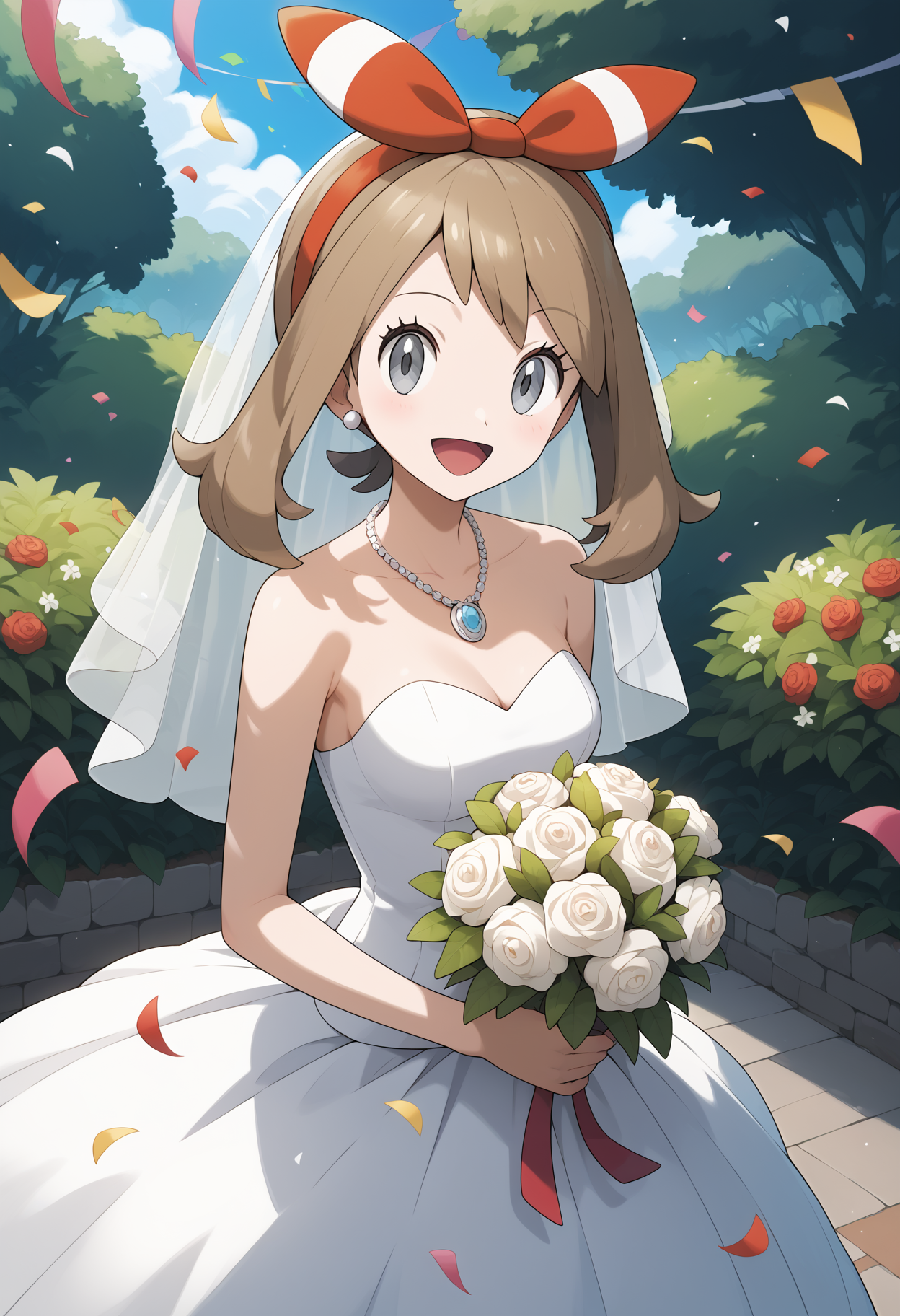 score_9, score_8_up, score_7_up, score_6_up, score_5_up, score_4_up, source_anime, aamay, brown hair, bow hairband, red hairband, grey eyes, breasts, <lora:may_(pokemon)_ponyxl_v1:0.9>, garden, wedding dress, necklace, smile, open mouth, bouquet, day, confetti, cowboy shot, standing,