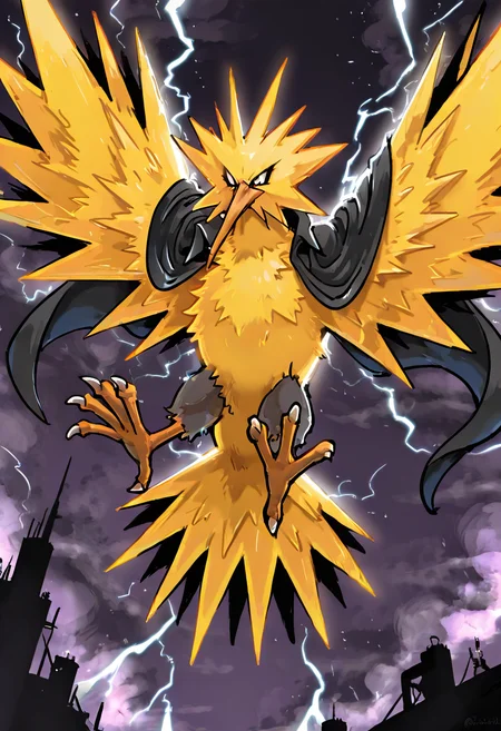 masterpiece, best quality,     zzZapdos,  zzZapdos soars over a ruined cityscape, her wings crackling with unstable energy as arcs of lightning leap from feather to feather. The tattered remains of a black cape flutter behind her, scorched at the edges by battle. Her yellow plumage glows against the deep violet of the stormy night, while the shattered buildings below flicker with broken neon signs. Her sharp gaze scans the horizon, eyes narrowed with unwavering resolve. Each wingbeat sends an electric pulse across the skyline, painting streaks of raw light through the smoke-filled air.    ,,<lora:ZapdosPokedex_IXL_v1:1.0>,