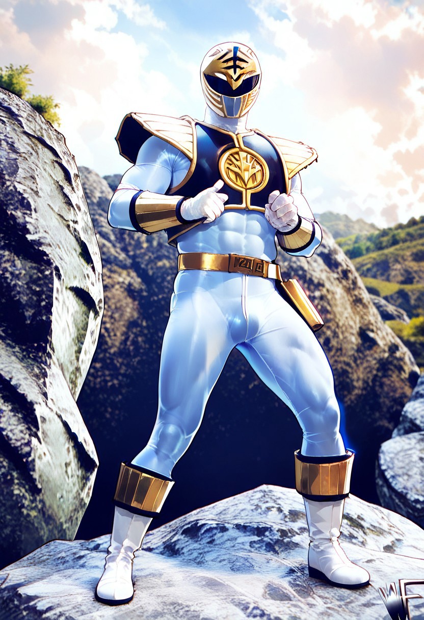 score_9, score_8_up, score_7_up 
   , masterpiece, beautiful,,1  male, standing, battle pose, muscle, rocky field, standing on rocks, TigermRanger, Tight suit, whie colored suit, white gloves,helmet,white and Gold helmet, glossy finish,gold belt, white boots,black colored vest with shoulder-pads, golden vambraces,shiny gold elements,sheath