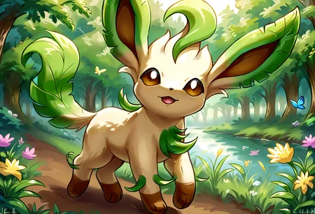 score_9, score_8_up, score_7_up, source_anime BREAK
L34F30N, long ears, brown eyes, tan body, dark brown paws, green body sprouts, green leafy ears, green leafy tail, brown nose, quadraped, brown inner ears, solo
looking at viewer, head tilt, mouth open, walking towards viewer
background: forest, sunbeam, river, butterflies, grass, wildflowers
<lora:Leafeon:1>
<lora:SDXLFaeTastic2400:1>