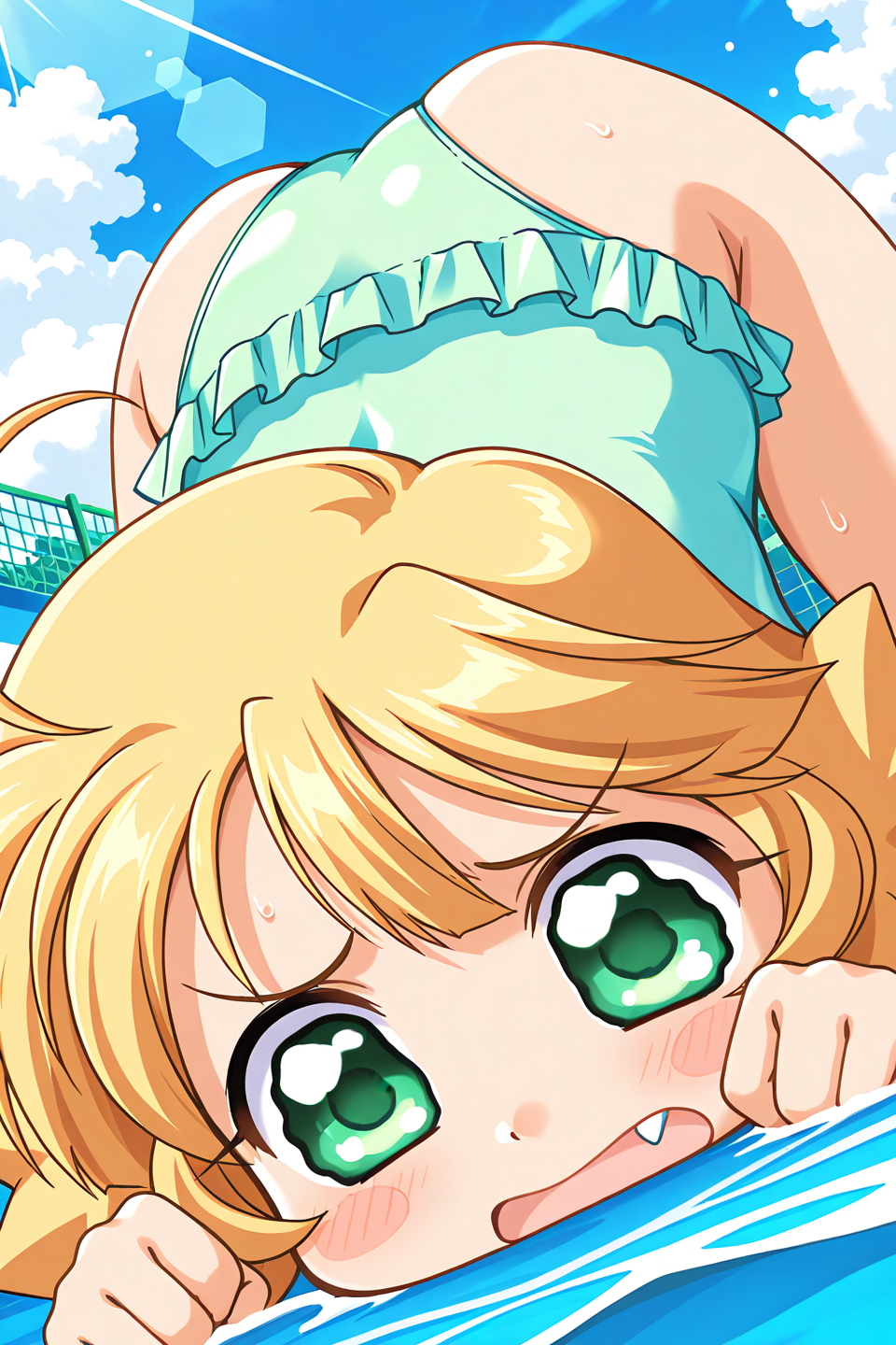 masterpiece, best quality, absurdres, official art, official style, general BREAK <lora:ouki-torakapu_IL_v1-1:0.7>, ouki, 1girl, solo, green eyes, blonde hair, sidelocks, long hair, ahoge, no headwear, flat chest, swimsuit, water, fang, open mouth, close-up, blush stickers, cloud, all fours, outdoors, ass, tears, looking at viewer, barefoot, one-piece swimsuit, chibi, lens flare, bent over, parody, frilled swimsuit, casual one-piece swimsuit, white one-piece swimsuit, green one-piece swimsuit, top-down bottom-up, pool, water slide, style parody, comic, tearing up, o o, frown, wail