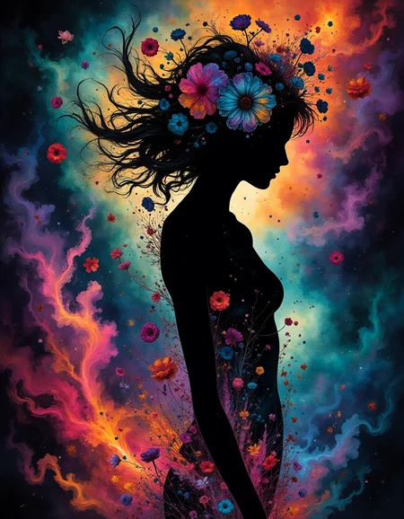 A surrealist illustration of a womans silhouette, full body, with swirls of bright multicolored blacklight ink swirling around her in beautiful colors. flowers in her ultra long billowing hair, minimalism,