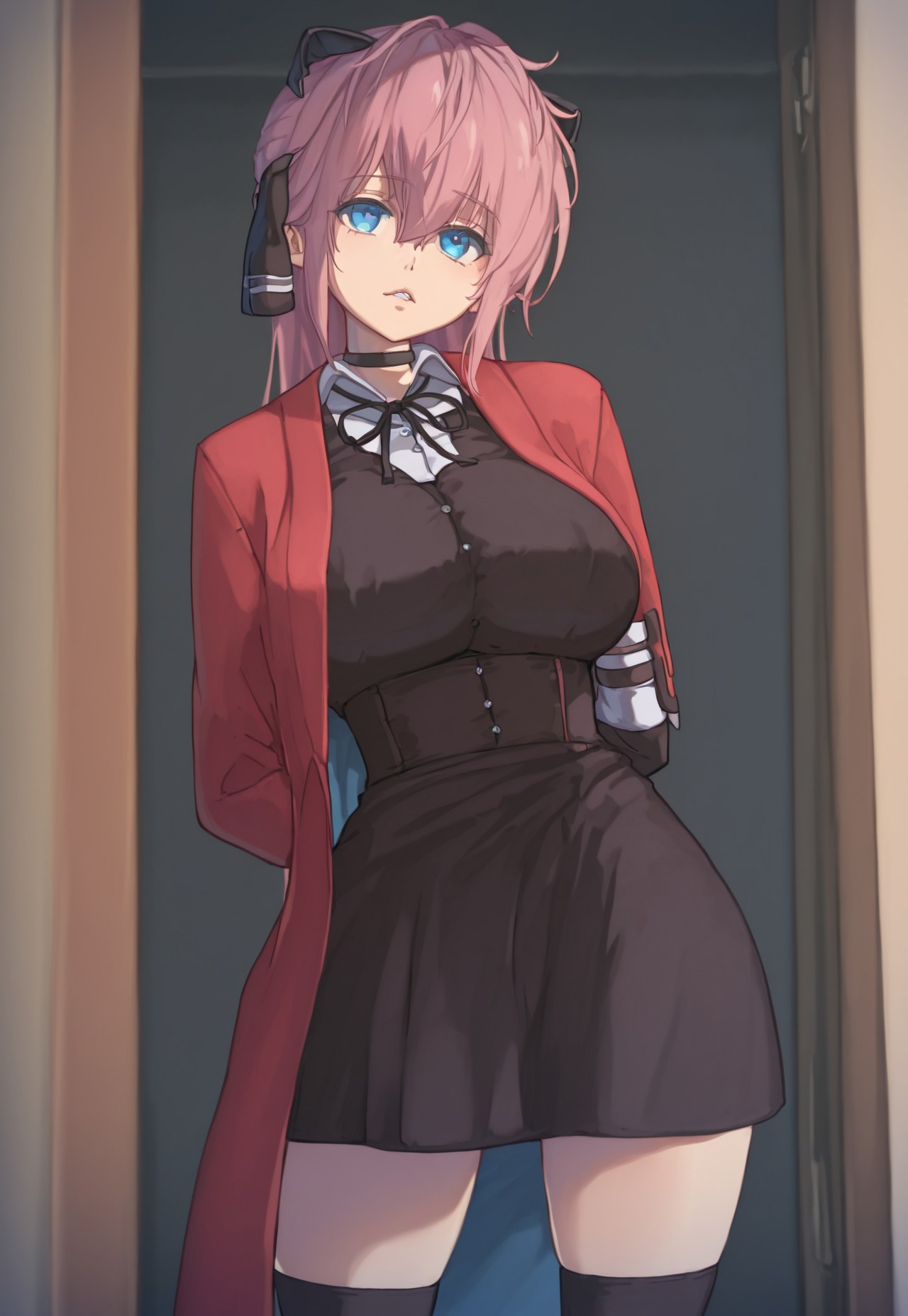 Masterpiece, best quality, ultra-detailed, expressive. anime, anime, anime, 1girl, solo, Vivi, pink hair, blue eyes, large breasts, choker, black ribbon, red coat, white shirt, bangs, short skirt, black thighhighs, black dress,