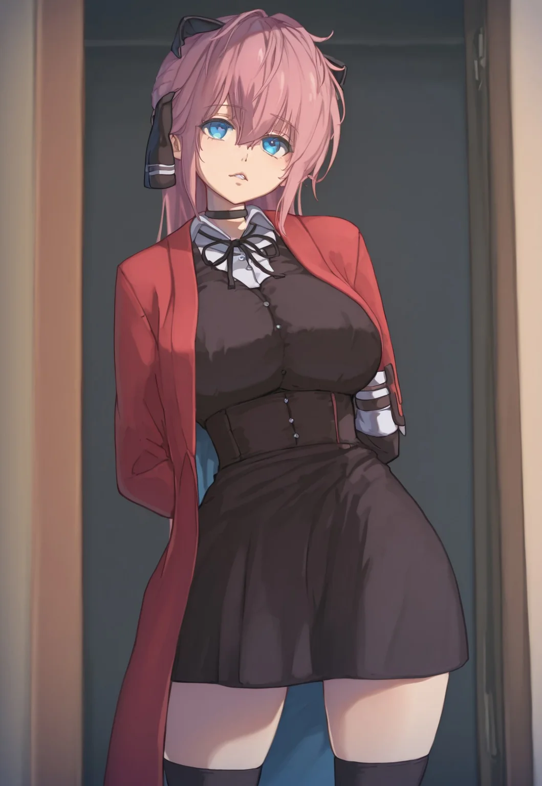 Masterpiece, best quality, ultra-detailed, expressive. anime, anime, anime, 1girl, solo, Vivi, pink hair, blue eyes, large breasts, choker, black ribbon, red coat, white shirt, bangs, short skirt, black thighhighs, black dress,