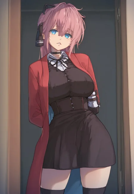 Masterpiece, best quality, ultra-detailed, expressive. anime, anime, anime, 1girl, solo, Vivi, pink hair, blue eyes, large breasts, choker, black ribbon, red coat, white shirt, bangs, short skirt, black thighhighs, black dress,