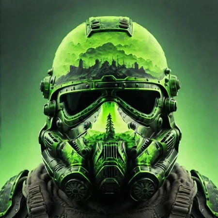 blackneongreen, double exposure, doubleexposurestyle, power armor helmet, nuclear wasteland scene, symmetrical, nuclear winter background,
