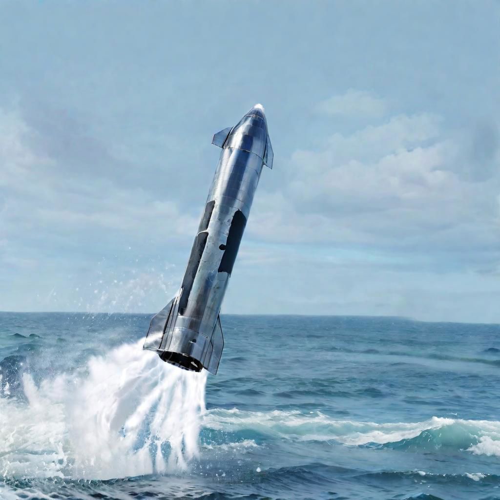 (metal Starship):3, landing on the ocean, waves, spray, splash