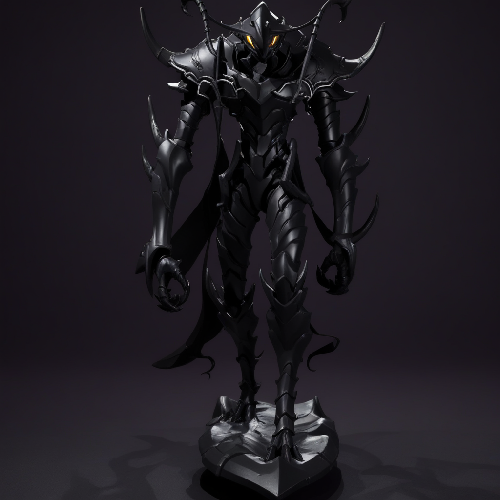 black armor, anime style, weapon, wings, solo, armor, teeth, straight-on, grey background, muscular male, holding, tail, helmet, silhouette