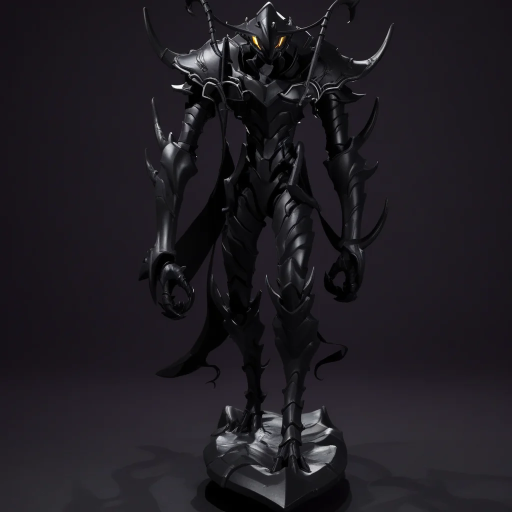 black armor, anime style, weapon, wings, solo, armor, teeth, straight-on, grey background, muscular male, holding, tail, helmet, silhouette