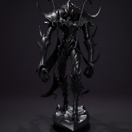 black armor, anime style, weapon, wings, solo, armor, teeth, straight-on, grey background, muscular male, holding, tail, helmet, silhouette
