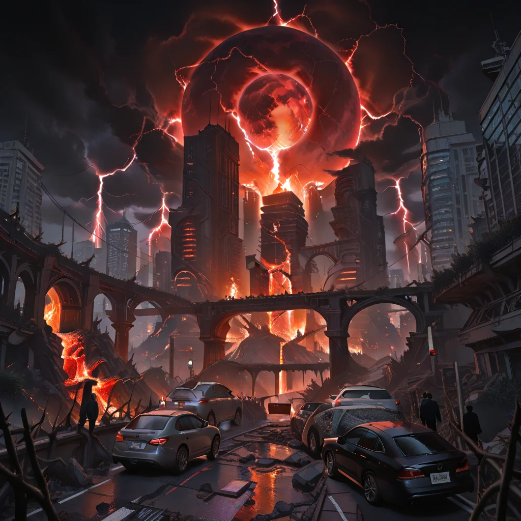citybkg, very detailed, azur lane metanize, mega structures, high buildings, tunnels, elevated streets, elevated highway, street marking, highway markings, car light trails, futuristic, dark clouds, red sun, lava, ruins, thorns, traffic, crowds, dark theme, menacing, red lighting, red lightning, embers, flames, newest, (masterwork, masterpiece, best quality, hyper-detailed, 8k uhd::1.4),
<lora:City_Worlds_01_Effects_illc:0.9>,
<lora:96 Azur_Lane_Metanize-000096:0.9>,