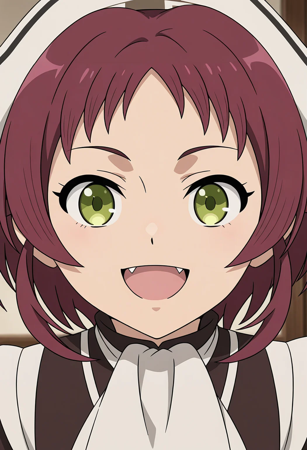 <lora:Aisha GREYRAT_illustrious-000046:1>,
Aisha GREYRAT, solo, fang, smile, looking at viewer, open mouth, parody, :d, brown hair, short hair, head scarf, anime screencap