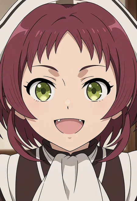 <lora:Aisha GREYRAT_illustrious-000046:1>,
Aisha GREYRAT, solo, fang, smile, looking at viewer, open mouth, parody, :d, brown hair, short hair, head scarf, anime screencap