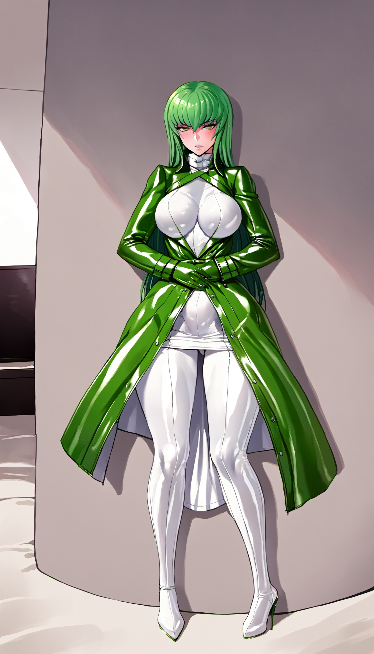 1girl, c.c., code geass, 
indoors, hotel room, latex, straitjacket, white latex bodysuit, miniskirt, green high heel boots, latex gloves,
masterpiece, best quality, ultra detailed, high quality, illustration, perfect anatomy,  <lora:tesomu-10-epoch-color-sdxl_1:1>