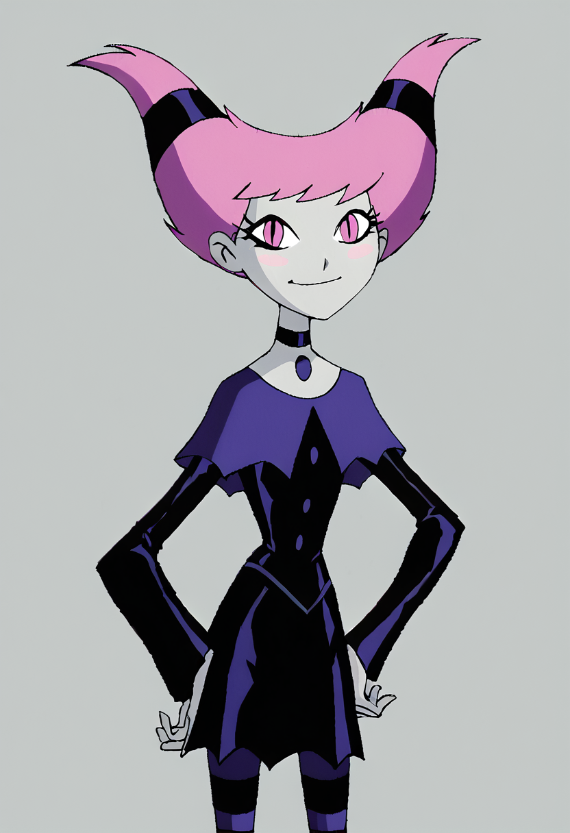 <lora:JinxTTPony1.0:1> jinx, 1girl, pink hair, buttons, twintails, solo, pink eyes, slit pupils, blush stickers, black choker, dress, grey skin, smile, striped pantyhose, capelet, score_9, score_8_up, score_7_up, score_6_up, score_5_up, score_4_up, looking at viewer, hand on own hip, cowboy shot,