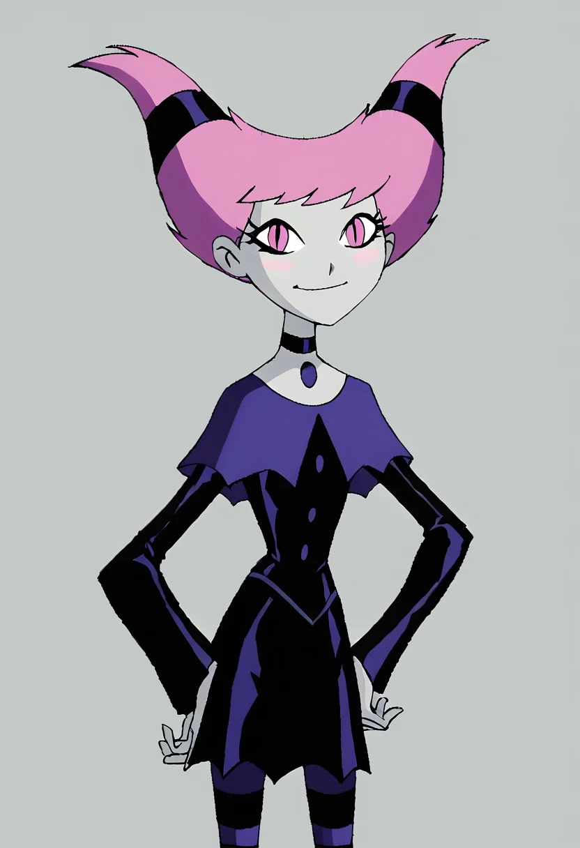 <lora:JinxTTPony1.0:1> jinx, 1girl, pink hair, buttons, twintails, solo, pink eyes, slit pupils, blush stickers, black choker, dress, grey skin, smile, striped pantyhose, capelet, score_9, score_8_up, score_7_up, score_6_up, score_5_up, score_4_up, looking at viewer, hand on own hip, cowboy shot,