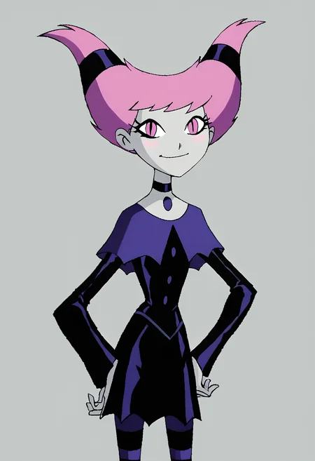 <lora:JinxTTPony1.0:1> jinx, 1girl, pink hair, buttons, twintails, solo, pink eyes, slit pupils, blush stickers, black choker, dress, grey skin, smile, striped pantyhose, capelet, score_9, score_8_up, score_7_up, score_6_up, score_5_up, score_4_up, looking at viewer, hand on own hip, cowboy shot,