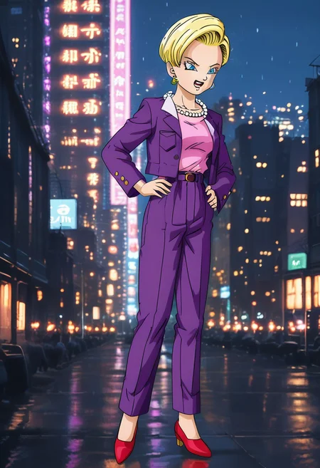source_anime, score_9, score_8_up, score_7_up, anime screencap, high quality, 
android 18, dragon ball gt, official style, 1girl, solo, open mouth, very short hair, blue eyes, blonde hair, pearl necklace, open jacket, high heels, gold earrings, beads, building, purple jacket, lapels, collarbone, high waisted bottomwear, purple pants, red footwear, night, pink shirt, shirt tucked in, belt, v-shaped eyebrows, v-shaped eyes
 <lora:c18_pony:0.8>