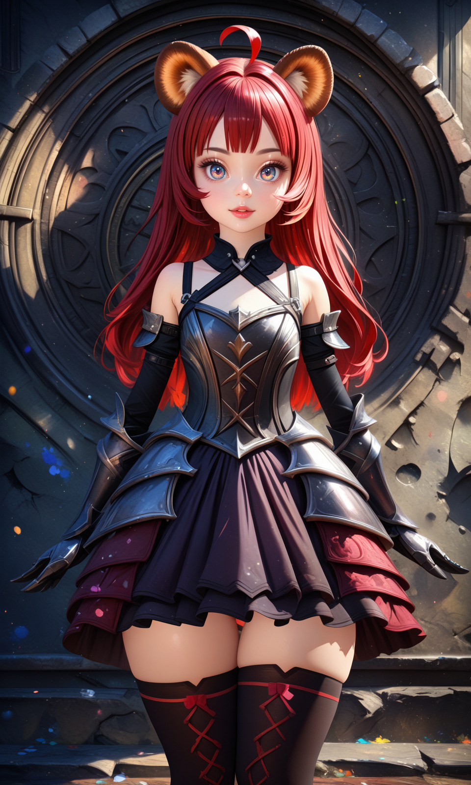 solo, elinxl, red hair, raccoon ears, ahoge, 
dress, detached sleeves, gothic style, thighhighs, armored dress, armored gloves, 
looking at viewer, straight-on, 
outdoors, 
detailed background, 
colorful, drop shadow, light particles, 
masterpiece, best quality, very aesthetic, absurdres, 
<lora:Elin_XL:1>