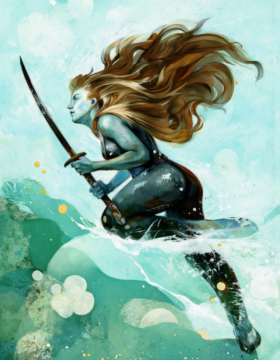Art by Eli Minaya. A digital illustration shoot from below about a stylized silhouette of a woman with flowing hair, holding a sword, in an underwater environment. the image also shows a dynamic pose, with the woman in the middle of the frame, appearing to be in a crouched position, facing away from the viewer. the woman has long, flowing brown hair and is wearing a black, form-fitting outfit that accentuates her curves. she is holding a katana in her right hand and her left hand is gripping the handle tightly. her facial expression is determined, and her body is slim. the background is a blend of light blue and green hues, with splashes of green and white, creating a sense of movement and depth. the overall style is reminiscent of fantasy art, with a focus on the woman's dynamic pose and the texture of the water.