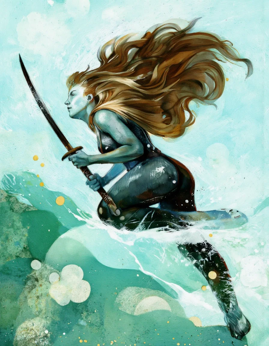 Art by Eli Minaya. A digital illustration shoot from below about a stylized silhouette of a woman with flowing hair, holding a sword, in an underwater environment. the image also shows a dynamic pose, with the woman in the middle of the frame, appearing to be in a crouched position, facing away from the viewer. the woman has long, flowing brown hair and is wearing a black, form-fitting outfit that accentuates her curves. she is holding a katana in her right hand and her left hand is gripping the handle tightly. her facial expression is determined, and her body is slim. the background is a blend of light blue and green hues, with splashes of green and white, creating a sense of movement and depth. the overall style is reminiscent of fantasy art, with a focus on the woman's dynamic pose and the texture of the water.