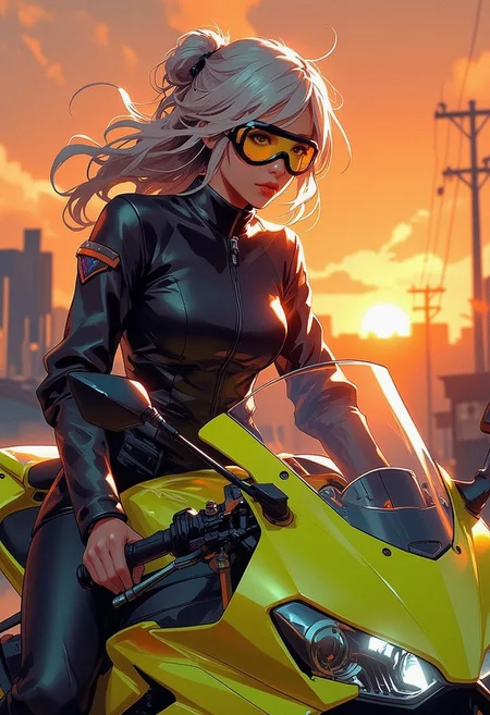 Mh1$AgThS2, intricate linework with expressive contrasts, soft lighting with dynamic highlights, young Asian woman wearing motorcycle goggles, long loose platinum hair, leather jacket, sitting on a large powerful sports motorcycle, fluorescent yellow fairing, leather jacket, sunset, in orange hues
