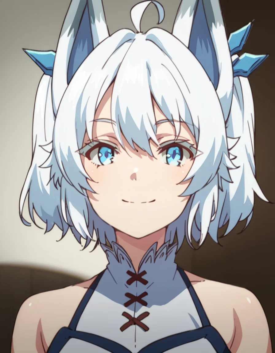 score_9, score_8_up, score_7_up, score_6_up, score_5_up, score_4_up, source_anime, Setsuna, short hair, blue eyes, ahoge, white hair, fox girl, , soft smile, portrait