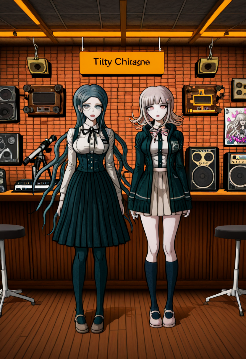 masterpiece, best quality, absurdres, <lora:Danganronpa_Locations:1>,  danganronpa sprite style, danganronpa_sprite_style , <lora:Chiaki_Nanami_Illustrious:0.2>,2girls, side-by-side ,  BREAK,danganronpa_(series), danganronpa_2:_goodbye_despair, nanami_chiaki,1girl, breasts, brown_hair, collared_shirt, flipped_hair, hair_ornament,hood, jacket, long_sleeves, medium_hair, neck_ribbon, open_clothes, open_jacket, pink_eyes, pink_ribbon, pleated_skirt, ribbon, shirt, skirt, solo, spaceship_hair_ornament, thighhighs, white_shirt, shoes, pink_shoes, BREAK,danganronpa_(series), danganronpa_v3:_killing_harmony, shirogane_tsumugi, 1girl, black_jacket,blue_corset, blue_hair, bow, bowtie, breasts, collared_jacket, corset,glasses, jacket, kneehighs, long_hair, long_skirt, long_sleeves, orange_bow, orange_bowtie, orange_ribbon, pleated_skirt, ribbon,shirt, skirt, socks, very_long_hair, wavy_hair, white_shirt, socks, shoes, brown_shoes, blue_socks , bar,tequila_bar,empty_room,neon_lights,stage,speakers,posters,brick_wall,wooden_floor,industrial_lighting,tripod,titty_typhoon_sign,bar_stools,bar_counter,shelves,bottles,orange_lighting,rustic_interior,club_setting,dj_setup,concrete_ceiling,danganronpa,danganronpa_(series),danganronpa_2:_goodbye_despair,danganronpa 2,danganronpa sprite style,danganronpa_sprite_style