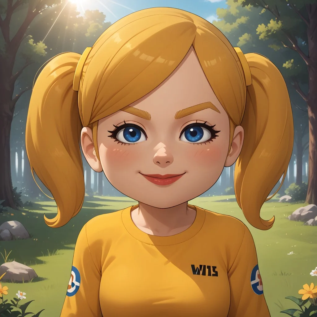 score_9, score_8, BREAK, solo, wii, mii, wii sports, 1girl, female mii, blue eyes, blush, blonde hair, blonde eyebrows, twintails, yellow clothing, white pants, sneakers, nintendo mii, modern_mii, classic_mii, pavika_\(\\oc_mii\\\), breasts, lips, sexy pose, self portrait, smile, outdoors, sunlight, shadows, evening lighting, natural lighting, forest, trees, grass, orange sky, sunset