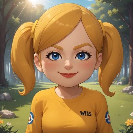 score_9, score_8, BREAK, solo, wii, mii, wii sports, 1girl, female mii, blue eyes, blush, blonde hair, blonde eyebrows, twintails, yellow clothing, white pants, sneakers, nintendo mii, modern_mii, classic_mii, pavika_\(\\oc_mii\\\), breasts, lips, sexy pose, self portrait, smile, outdoors, sunlight, shadows, evening lighting, natural lighting, forest, trees, grass, orange sky, sunset