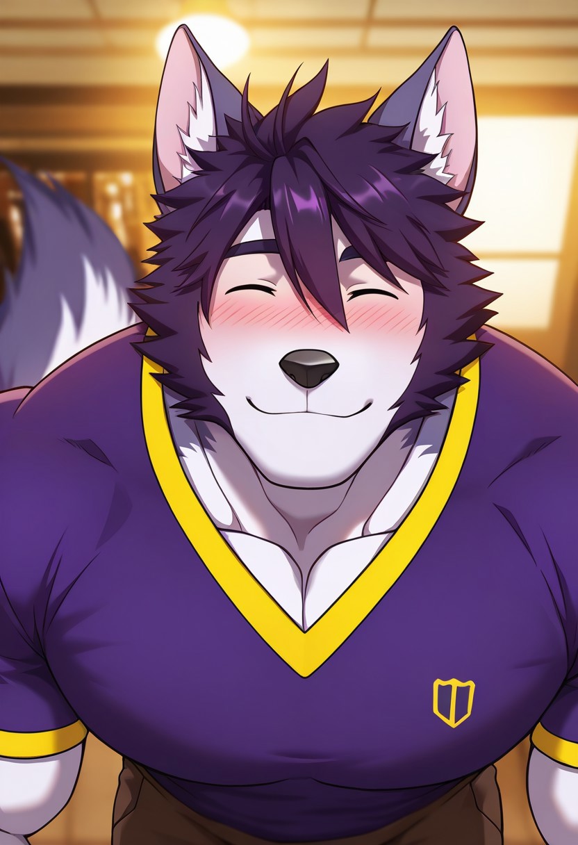 <lora:WalterAFCL:1>, walter, wolf boy, white fur, two-tone fur, blue eyes, perfecteyes, short hair, purple hair, wolf tail, mucualar, bara, athletic build, large pectorals, furry male, furry, solo, 1boy, beautiful, very aesthetic, hyper-detailed, depth of field, amazing quality, highres, high sharpness, dynamic angle, cinematic lighting, detailed background, purple shirt, short sleeves, brown pants, close up, face focus, portrait, smile, ^_^, posing, blushing, mouth open