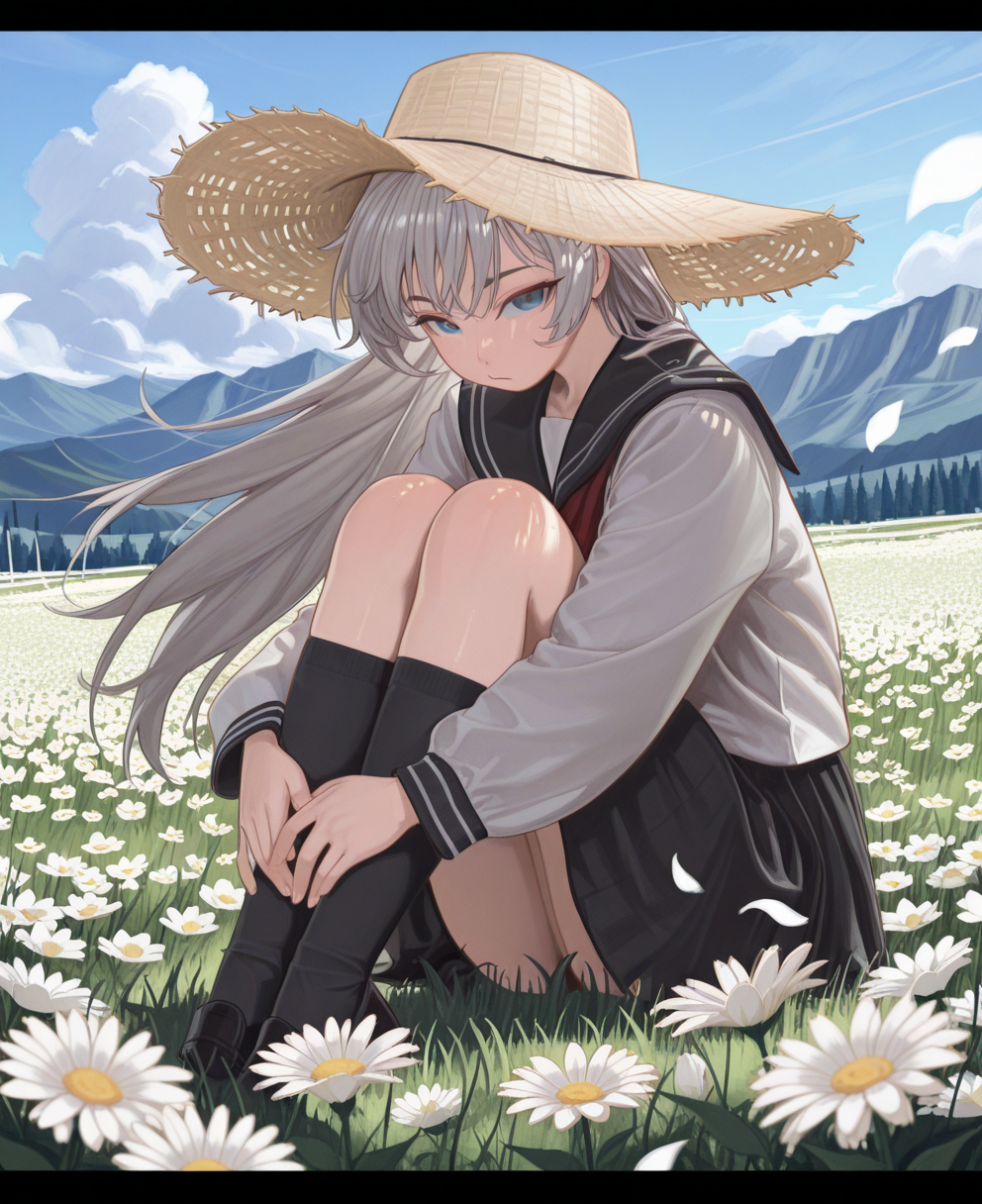 <lora:naruto05:1> naruto05,
(masterpiece), (best quality), (ultra-detailed), amazing quality, very aesthetic, illustration, perfect composition, intricate details, absurdres, incredibly absurdres, shiny skin, realistic,
 naruto05, 1girl, solo, field, hat, flower, letterboxed, blue eyes, skirt, flower field, long hair, outdoors, school uniform, looking at viewer, socks, black skirt, white flower, sitting, serafuku, petals, long sleeves, grey hair, black socks, sky, sailor collar, white shirt, shirt, straw hat, day, hugging own legs, black sailor collar, sun hat, kneehighs, cloud, closed mouth, pleated skirt, mountain, knees up, floating hair, wind, blue sky, general