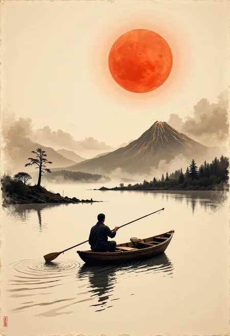 traditional japanese art style, ink on paper, traditional japanese fisherman on boat in laek, mount fuji, sunset, wabi-sabi, henna and carmine, sepia, minimal brush strokes