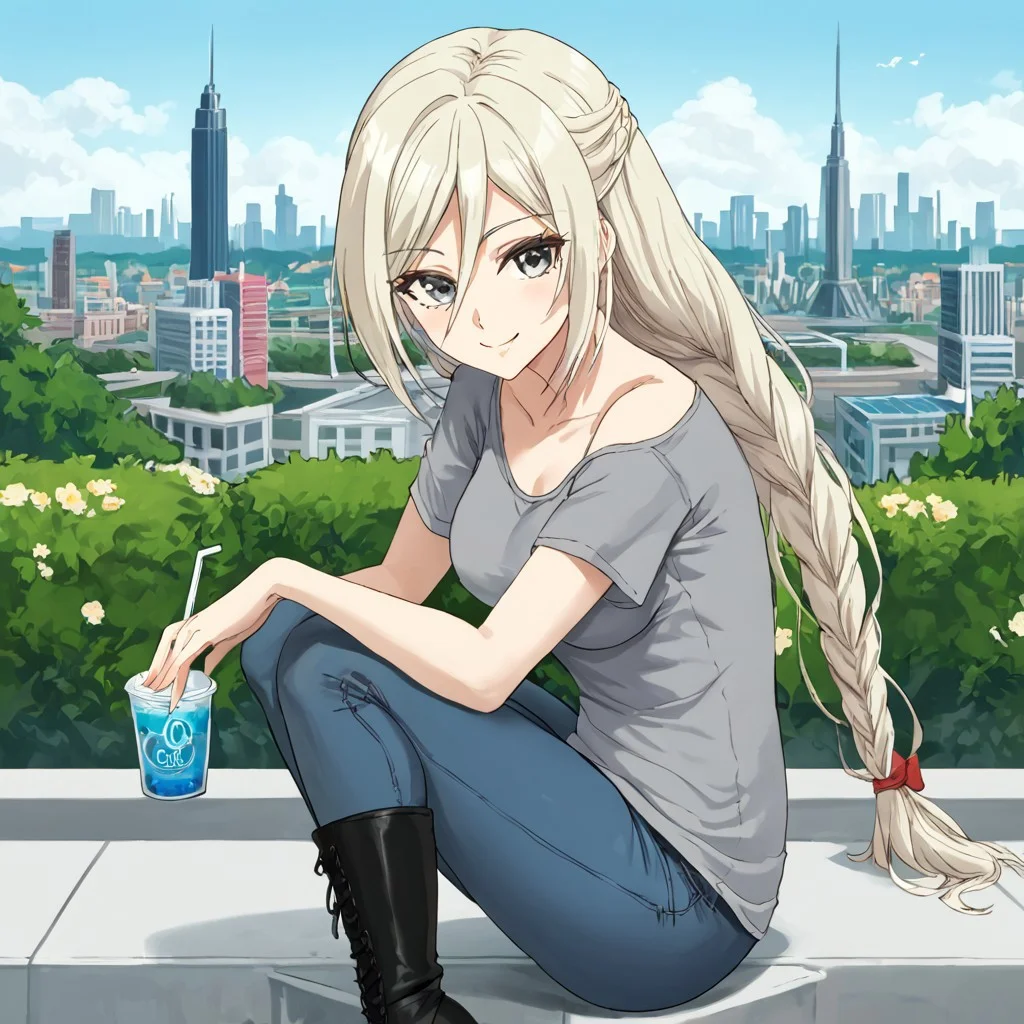 Elentzia_TR, pale blonde hair, braided hair, gray eyes, medium breasts, loose gray tshirt, tight jeans, outside, city, black boots, drinking boba, dynamic shot,, looking at viewer, soft smile, absurdres, 4kres, source_anime, score_7_or_higher, csr style, mammoth_metal_style
