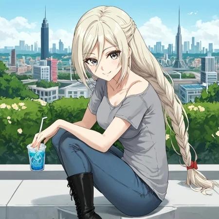 Elentzia_TR, pale blonde hair, braided hair, gray eyes, medium breasts, loose gray tshirt, tight jeans, outside, city, black boots, drinking boba, dynamic shot,, looking at viewer, soft smile, absurdres, 4kres, source_anime, score_7_or_higher, csr style, mammoth_metal_style