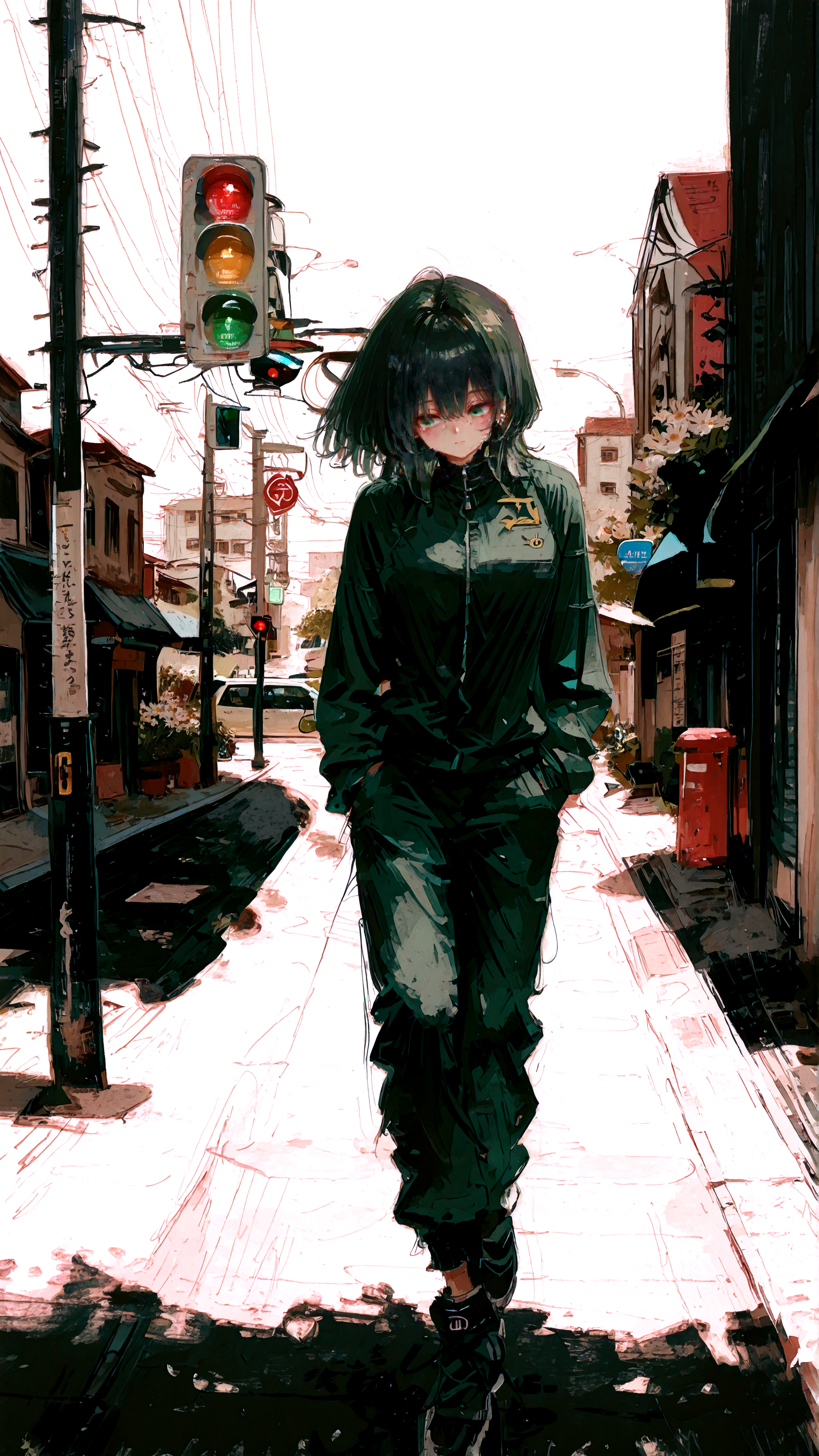 masterpiece, newest,absurdres,incredibly absurdres, best quality, amazing quality, very aesthetic, simple white background, surreal, expressive,
1woman, dark green track suit,sidewalk, traffic light, speed lines, cityscape, public service announcement, daisy,
<lora:ka_marukogedago:0.8> k4_illu, abstract, traditional media, scan, blending, painting \(medium\), oil painting \(medium\)  <lora:fuyumur4s4ki_style:1> fuyumur4s4ki_illu <lora:Goth_GF_Generator_V1_Illu_Edition:1> GF-Illu