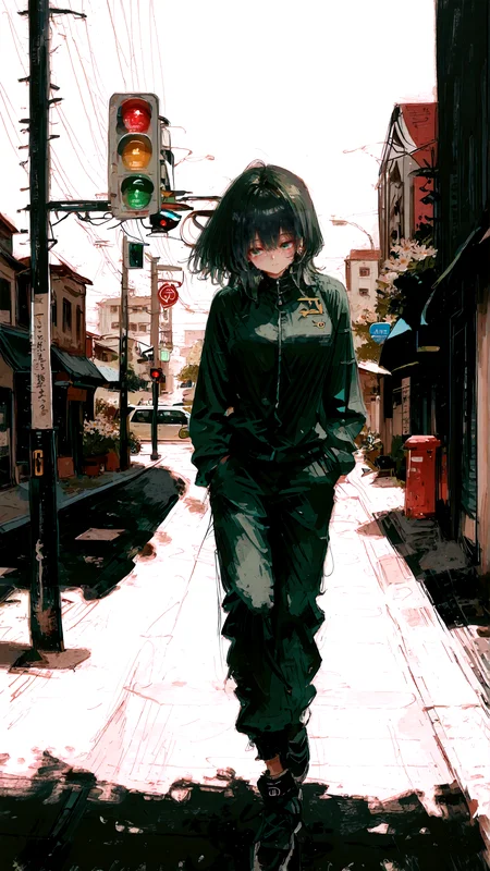masterpiece, newest,absurdres,incredibly absurdres, best quality, amazing quality, very aesthetic, simple white background, surreal, expressive,
1woman, dark green track suit,sidewalk, traffic light, speed lines, cityscape, public service announcement, daisy,
<lora:ka_marukogedago:0.8> k4_illu, abstract, traditional media, scan, blending, painting \(medium\), oil painting \(medium\)  <lora:fuyumur4s4ki_style:1> fuyumur4s4ki_illu <lora:Goth_GF_Generator_V1_Illu_Edition:1> GF-Illu