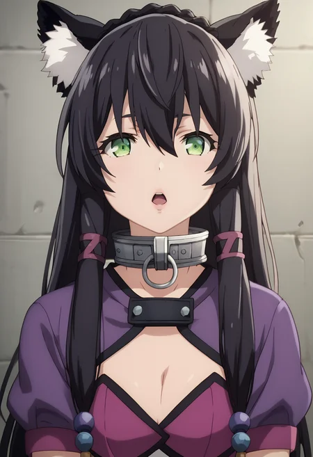 score_9, score_8_up, score_7_up,source_anime,best quality, highly detailed, perfect anatomy,amazing quality,<lora:anime_screencap:1>fine anime screencap_xl, anime screencap
BREAK
 <lora:rem:0.8>rem,  1girl, metal collar, solo, animal ears, long hair, green eyes, animal ear fluff, hair between eyes, looking at viewer, collar, bangs, black hair, upper body, parted lips, hair ornament, open mouth, cat ears