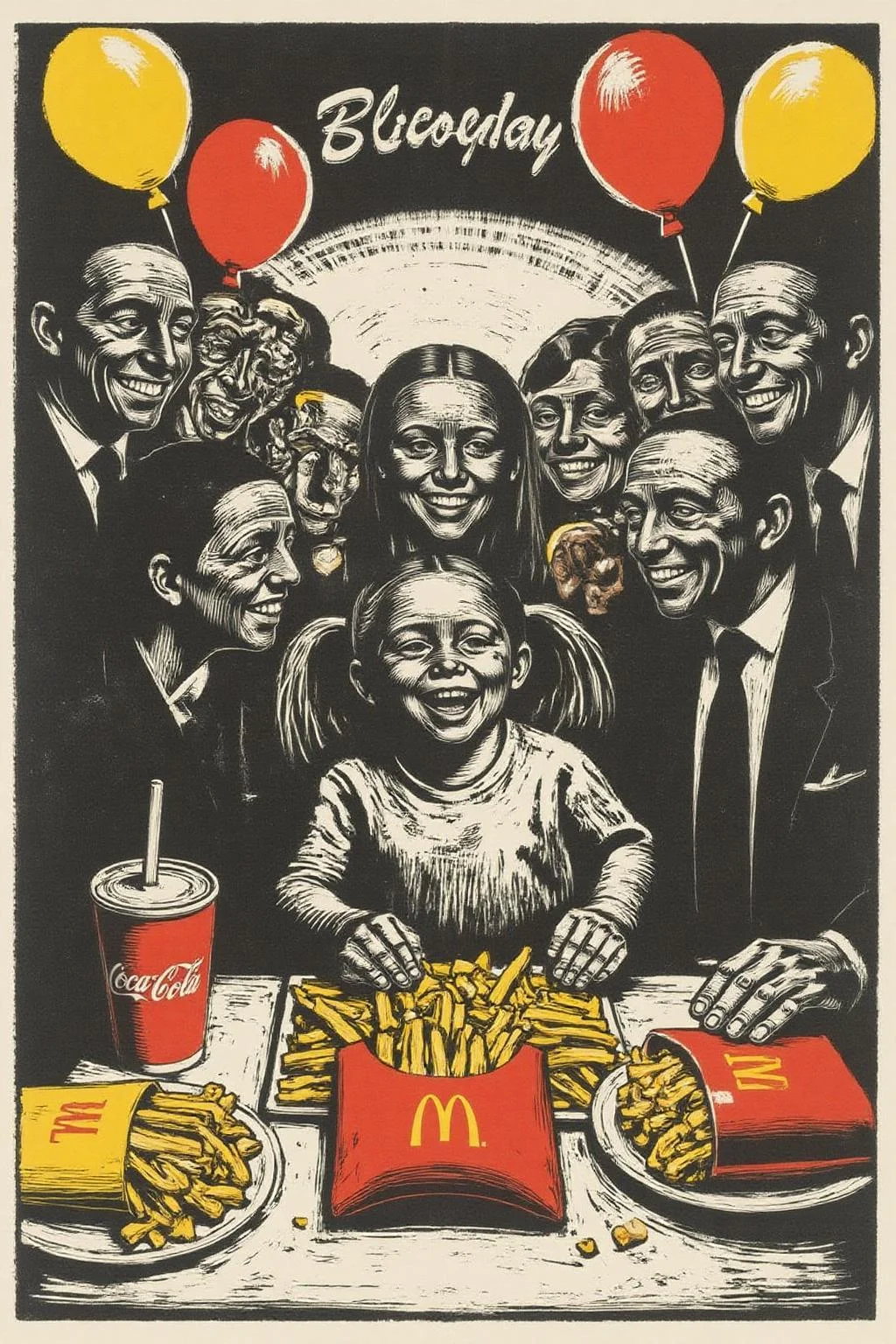 kako1 black and white woodcut print. A four-year-old girl with twin pigtails is celebrating her birthday at McDonald's, a place that feels like a magical playground for children. The joy on her face is unmistakable as she sits at a table set with a colorful array of items: crispy McDonald's fries in a bright yellow packet, a refreshing cup of Coca-Cola, and a juicy hamburger wrapped in its iconic packaging. Her pigtails bounce playfully as she moves, adding to the lively atmosphere. The table is also adorned with festive decorations, including balloons and streamers that match the vibrant McDonald's red and yellow color scheme. Family members gather around, their smiles reflecting the warmth and love of the occasion. The lighting inside the restaurant is soft yet bright, creating a welcoming environment that highlights the happiness of the moment. This scene captures the pure delight and excitement of a young child's birthday celebration, set against the backdrop of a beloved fast-food chain, where simple pleasures bring immense joy <lora:kako3_woodcut_cap_d6a3e11:1.0><lora:817675165426199406:0>