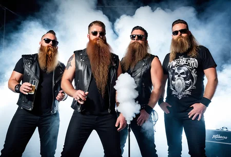 (powerbeard: 1.5), bara, rock band, group of men, tall, burly, musicians, performance, flamboyant,shades, black leather, stage lights, dry ice clouds,shadows <lora:Power_Beards:1.>