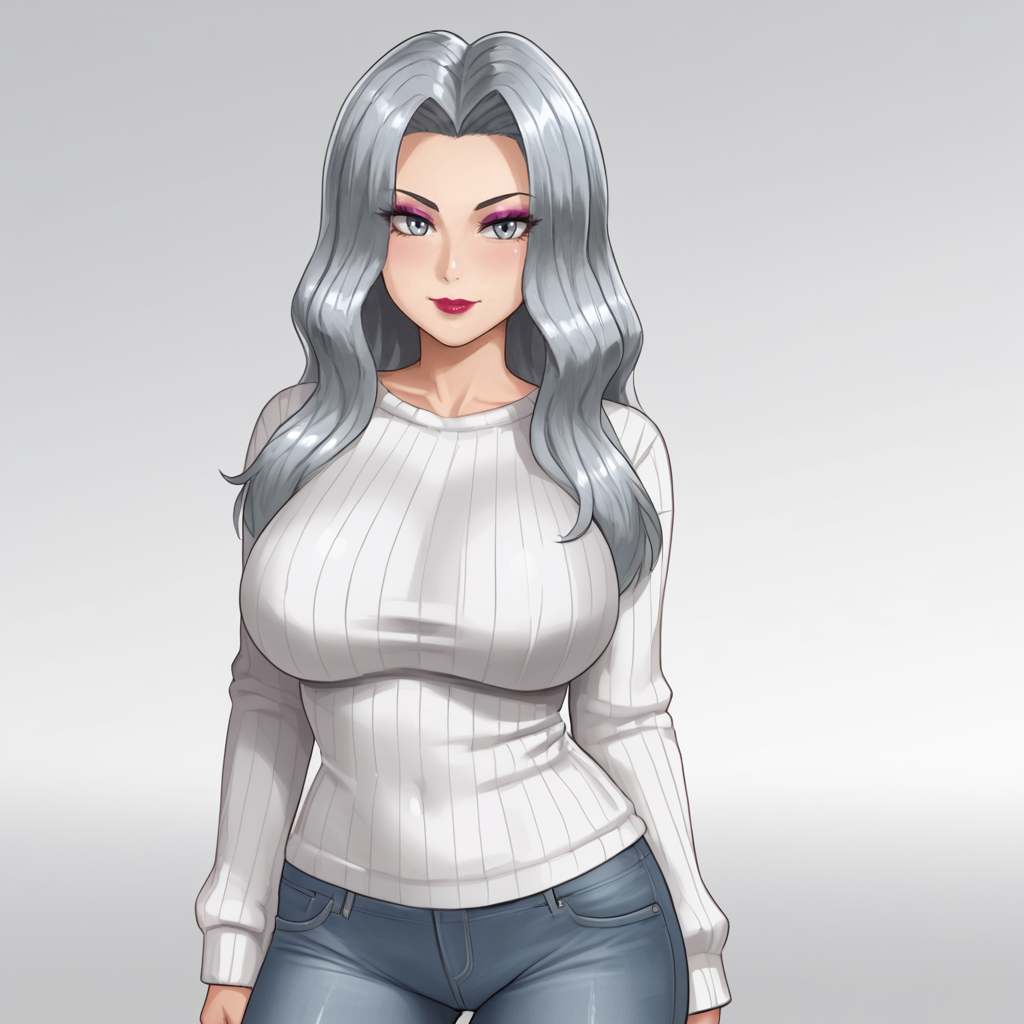 <lora:karenpokemon_pony_v1:.8>  KarenPokemon, 1girl, solo, long hair,large breasts, grey eyes, grey hair, eyelashes, lipstick,eyeshadow, cowboy shot, sweater, jeans