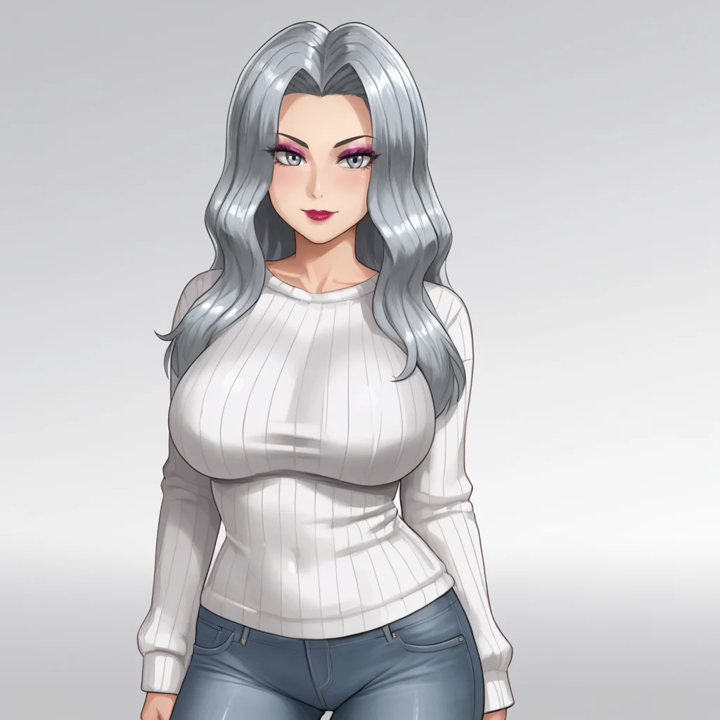 <lora:karenpokemon_pony_v1:.8>  KarenPokemon, 1girl, solo, long hair,large breasts, grey eyes, grey hair, eyelashes, lipstick,eyeshadow, cowboy shot, sweater, jeans