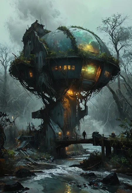masterpiece, best quality, high quality, ultra-detailed, realistic, 8k.
in the style of ckjs, science fiction, dystopian, shore, overgrown ruins, tree building, bridge, shield dome, glowing, grey sky, grey fog, black rocks, cinematic,
<lora:ck-Sommo-Concept-Art-IL:1>  <lora:swirlsXLP:0.75>   <lora:Jedst1:0.75> jedst1