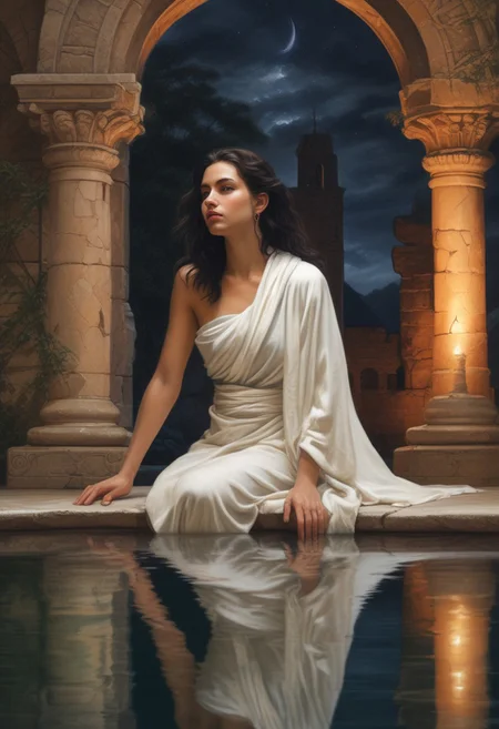 Masterpiece, A young woman with long dark hair, dressed in an elegant white towel wrapped around her body, detailed beautiful face, sitting beside a hot water pool in an ancient stone castle ruin. her feet is dipping inside the pool, fog from the hot water, (night, low_light, dark), starry sky, lush greenery, and distant mountains under a partly cloudy sky, creating a serene and reflective atmosphere