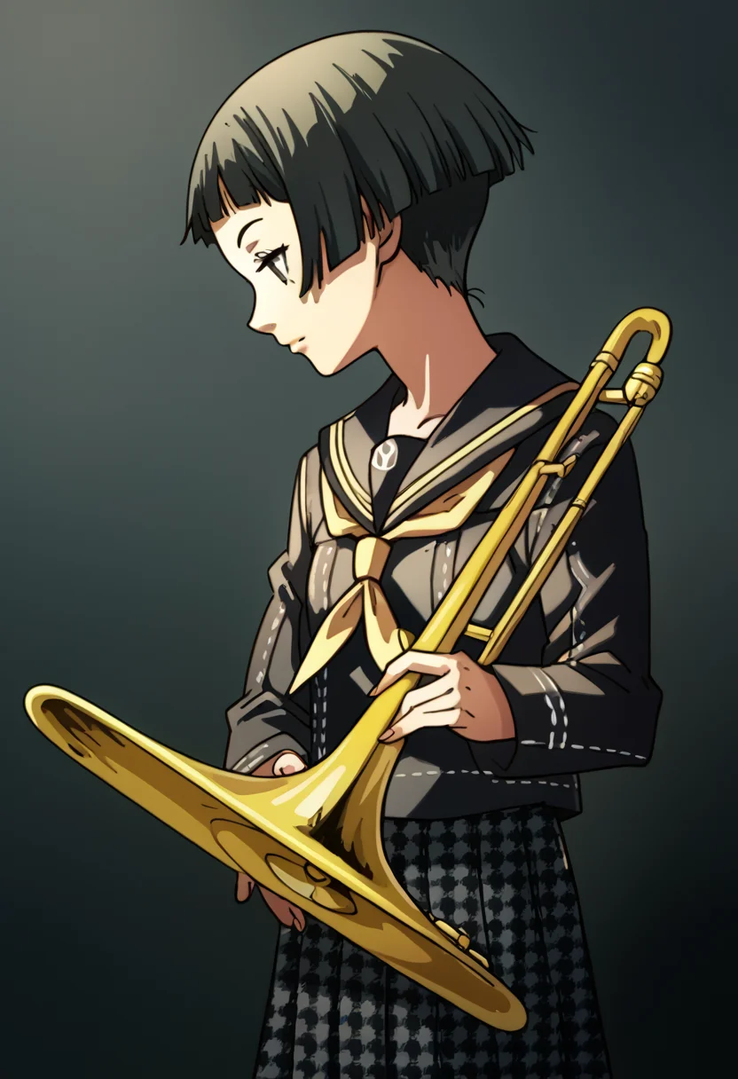 score_9, score_8_up, score_7_up, (source_anime), 1 girl, solo, cute face,
p4ayane, short hair, blunt bangs, black hair,
yasogami school uniform, school uniform, serafuku, skirt, houndstooth,
instrument, trombone,
profile, riverbank,
masterpiece, best quality, ultra detailed, absurdres, very aesthetic
