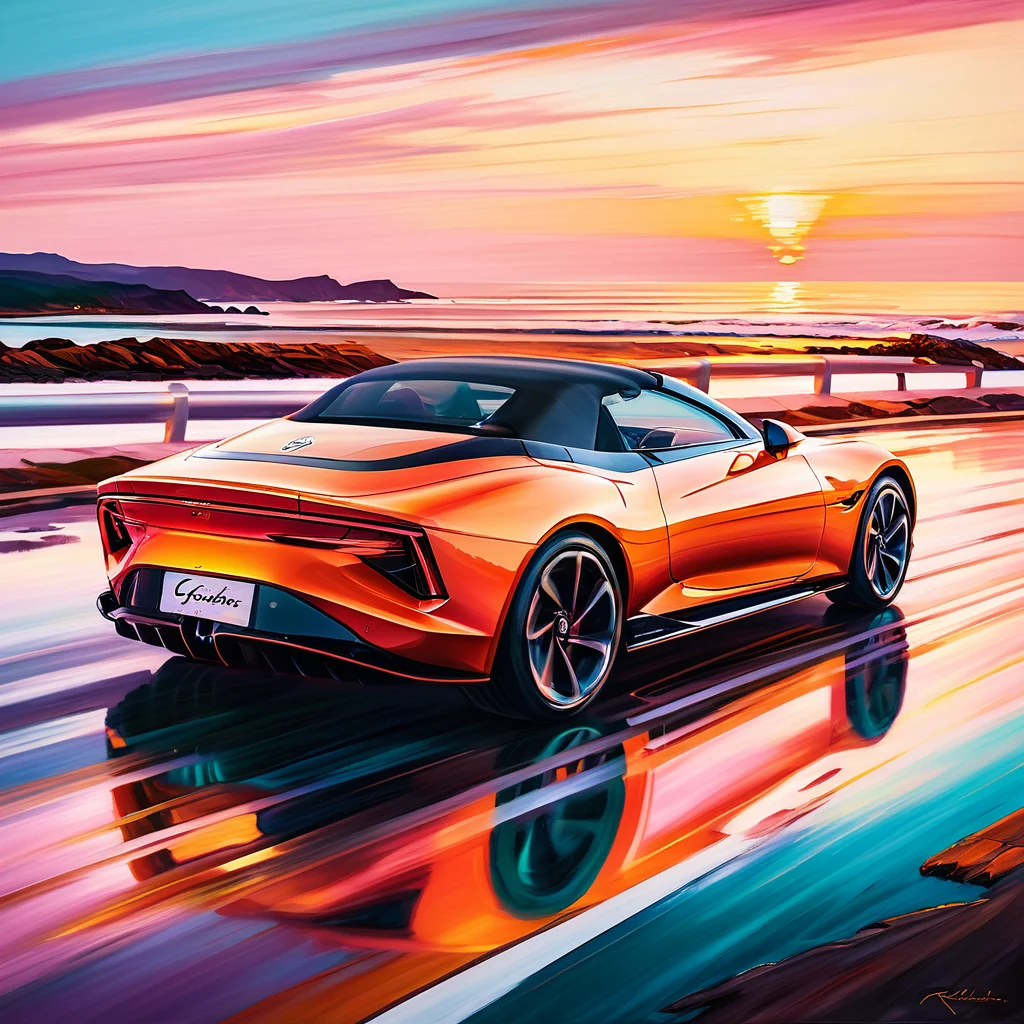 cyberster,
A vibrant oil painting of a sleek sports car driving along a coastal road. The car is speeding past, its reflection glimmering on the wet pavement, while the ocean waves crash against the rocky shore. The sky is painted in soft hues of pink and orange as the sun sets, casting a warm glow over the scene. The road curves along the coastline, lined with palm trees swaying gently in the breeze. The entire image has a rich, textured oil painting style, with bold brushstrokes and a vivid color palette, capturing the dynamic movement and the serene beauty of the seaside
<lora:cyberster_SDXL_v1:1>,