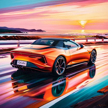cyberster,
A vibrant oil painting of a sleek sports car driving along a coastal road. The car is speeding past, its reflection glimmering on the wet pavement, while the ocean waves crash against the rocky shore. The sky is painted in soft hues of pink and orange as the sun sets, casting a warm glow over the scene. The road curves along the coastline, lined with palm trees swaying gently in the breeze. The entire image has a rich, textured oil painting style, with bold brushstrokes and a vivid color palette, capturing the dynamic movement and the serene beauty of the seaside
<lora:cyberster_SDXL_v1:1>,