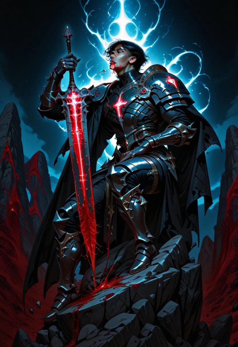 HadesCharacterArtstyle-IL-V1.0, dynamic pose, vibrant colors, action shot, magic, (fantasy illustration 5ephb), G0thicL1nes
1man, male solo, black hair, silver eyes, glowing eyes,
armor, black armor, assymetrical shoulder plates, gauntlets, greaves, trimmed armor,
dramatic lights,
side view, one leg over stone, cliff, hand on heart, looking up, dynamic pose, serious look, planted sword, glowing runes on sword, magic sword, blood on sword, blood in mouth, long sword, thin sword