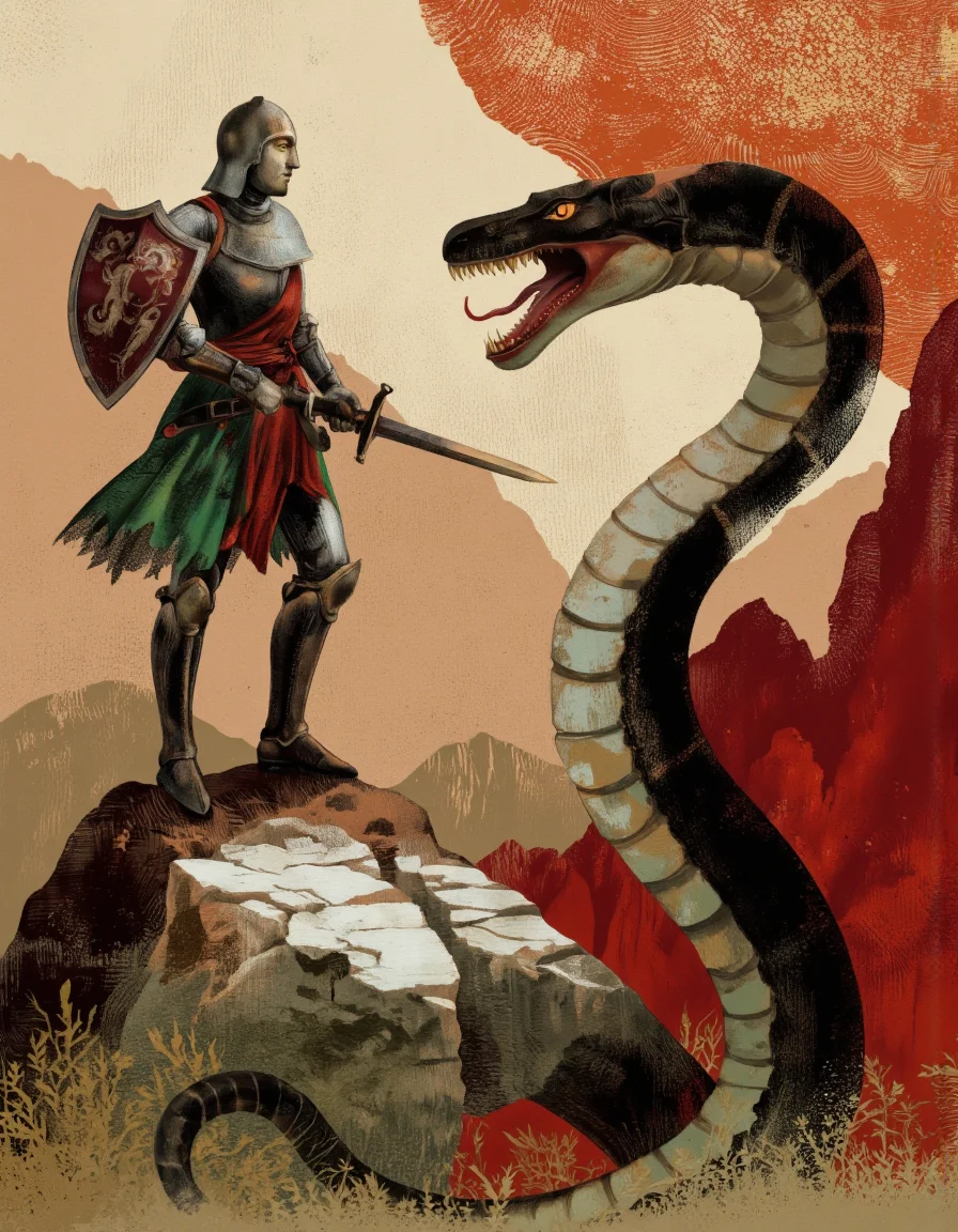 By Anna & Elena Balbusso. A dramatic illustration depicting a knight in full armor, wielding a sword and shield, standing on a rocky outcrop with a mountain range in the background. the knight is positioned on the left side of the image, facing the viewer, with a determined expression. on the right side, a large, menacing snake with sharp teeth and a long, curved tail is menacingly approaching the knight. the snake's mouth is open, revealing sharp teeth, and its eyes are focused intently on the knight, as if it's about to engage in a fierce battle. the background features a mix of abstract textures and colors, with shades of red, orange, and beige, giving the image a sense of depth and intensity.